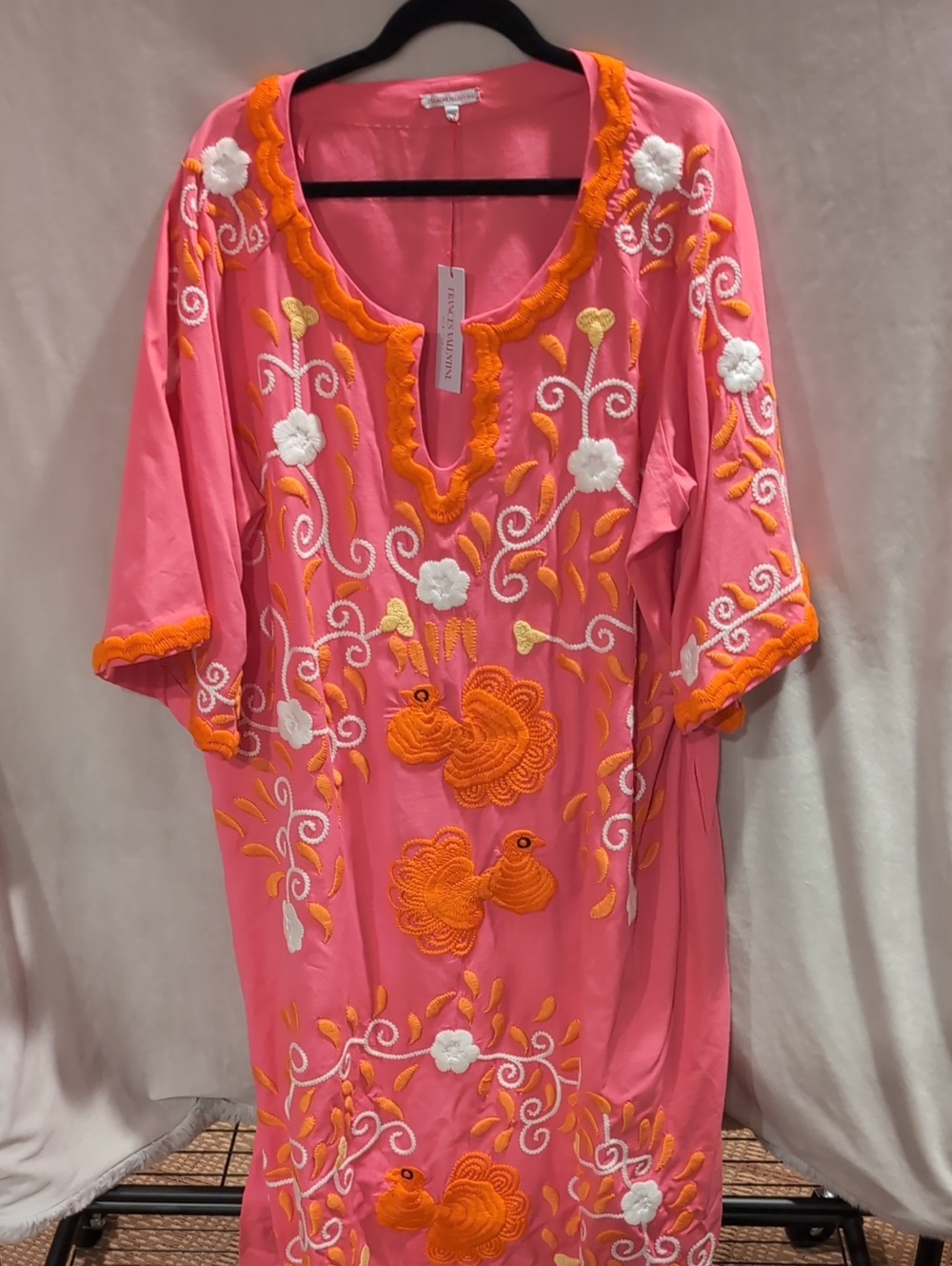 Frances Valentine Peacock caftan W pockets/Cotton W embroidery